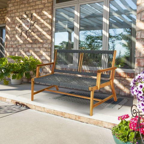 Acacia Wooden Bench with Woven Backrest and Seat