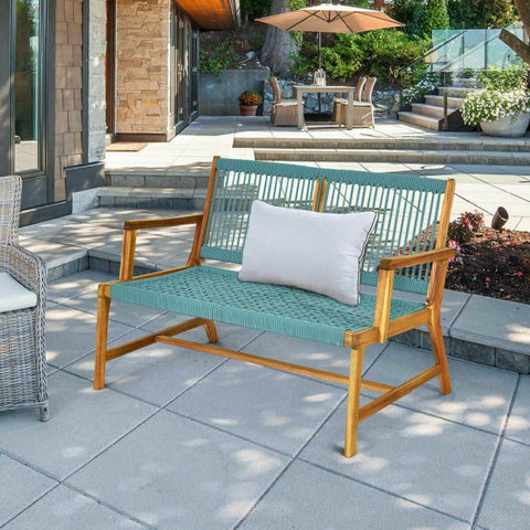Acacia Wooden Bench with Woven Backrest and Seat