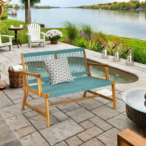 Acacia Wooden Bench with Woven Backrest and Seat