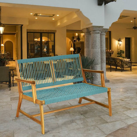 Acacia Wooden Bench with Woven Backrest and Seat