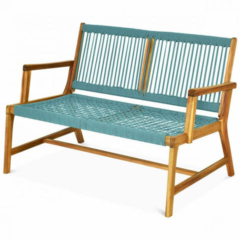 Acacia Wooden Bench with Woven Backrest and Seat