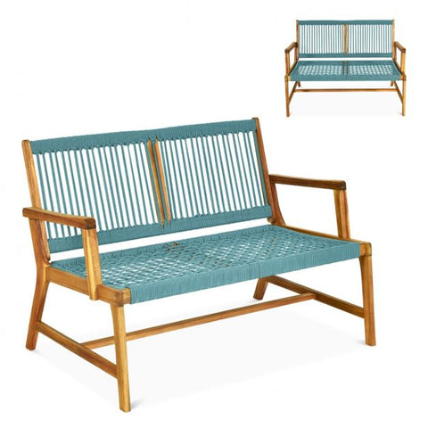 Acacia Wooden Bench with Woven Backrest and Seat