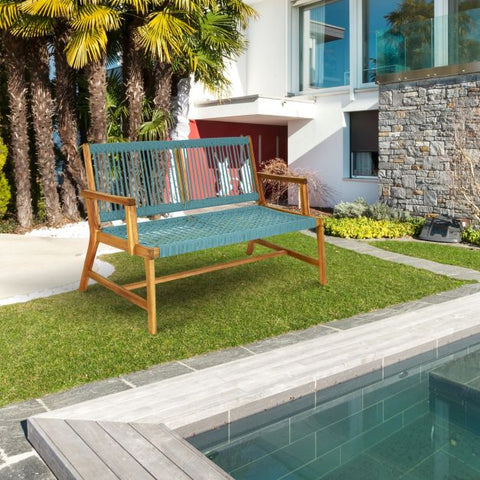 Acacia Wooden Bench with Woven Backrest and Seat
