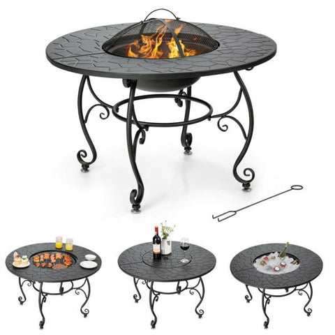 Circular Wood-Burning Fire Bowl with Cooking Grill and Mesh Cover
