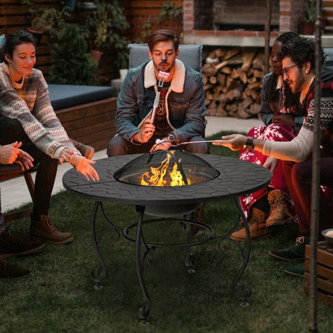 Circular Wood-Burning Fire Bowl with Cooking Grill and Mesh Cover
