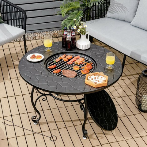 Circular Wood-Burning Fire Bowl with Cooking Grill and Mesh Cover