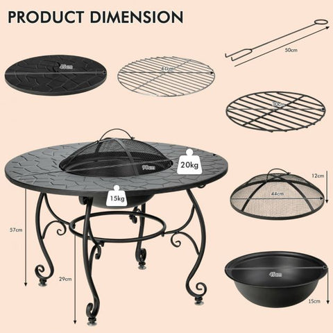 Circular Wood-Burning Fire Bowl with Cooking Grill and Mesh Cover