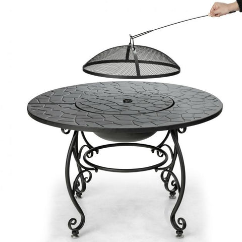 Circular Wood-Burning Fire Bowl with Cooking Grill and Mesh Cover