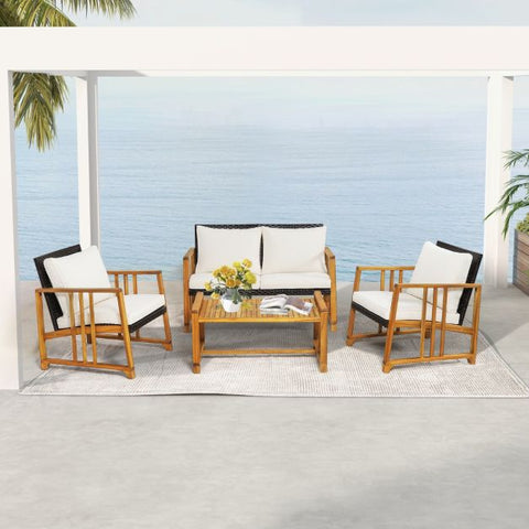 Outdoor Acacia Wood Furniture with soft Cushions in White