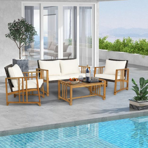 Outdoor Acacia Wood Furniture with soft Cushions in White