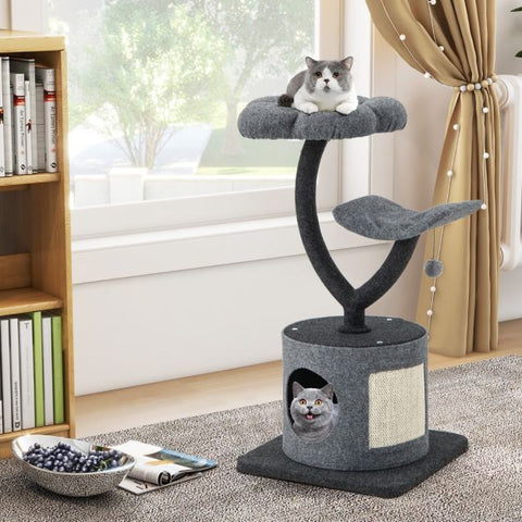 Grey 3-Tier Cat Tower with Sisal Scratching Board