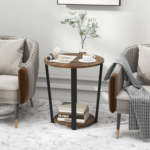 Versatile Industrial Style 2 Tier Round Side Table with Storage Shelf