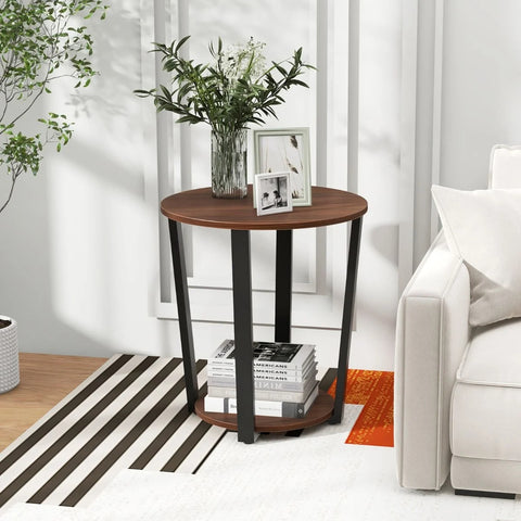 Versatile Industrial Style 2 Tier Round Side Table with Storage Shelf