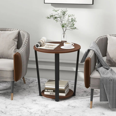 Versatile Industrial Style 2 Tier Round Side Table with Storage Shelf