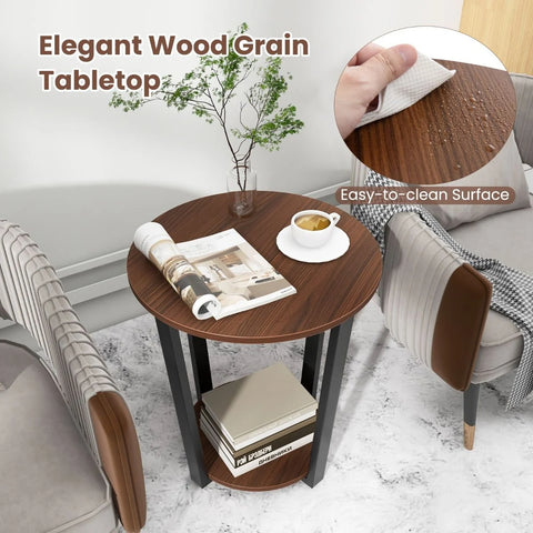 Versatile Industrial Style 2 Tier Round Side Table with Storage Shelf