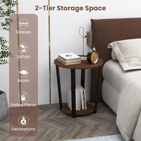 Versatile Industrial Style 2 Tier Round Side Table with Storage Shelf
