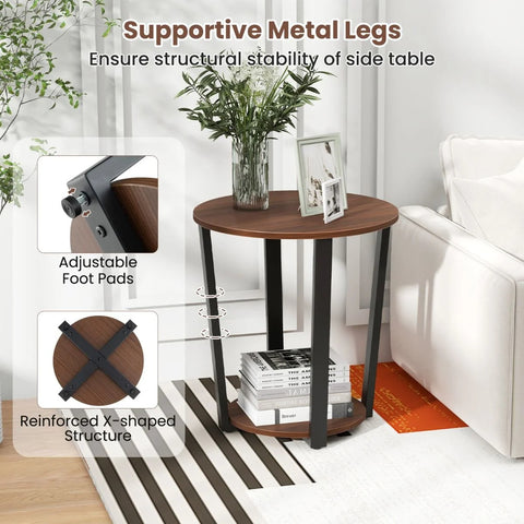 Versatile Industrial Style 2 Tier Round Side Table with Storage Shelf