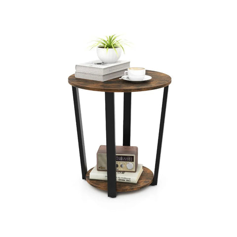 Versatile Industrial Style 2 Tier Round Side Table with Storage Shelf