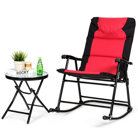 Outdoor Foldable Rocking Chairs and Table Set with Steel Frame in Red