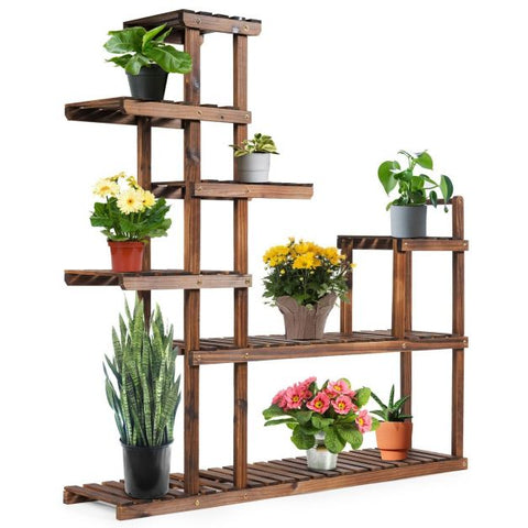 Outdoor 7 Tier Wooden Plant Storage Stand with Storage Shelves