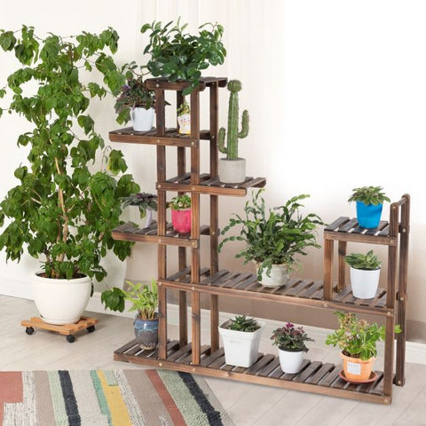 Outdoor 7 Tier Wooden Plant Storage Stand with Storage Shelves