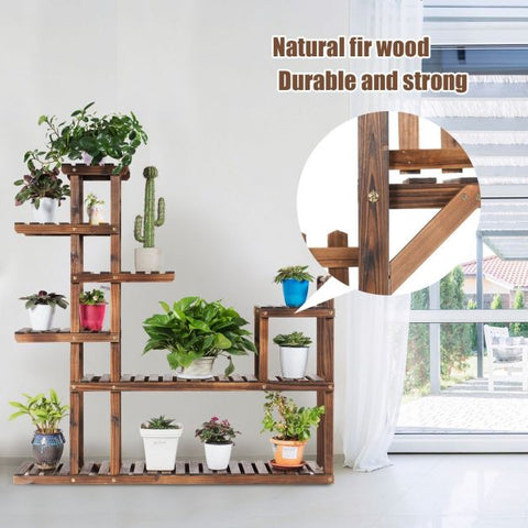 Outdoor 7 Tier Wooden Plant Storage Stand with Storage Shelves