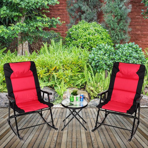 Outdoor Foldable Rocking Chairs and Table Set with Steel Frame in Red
