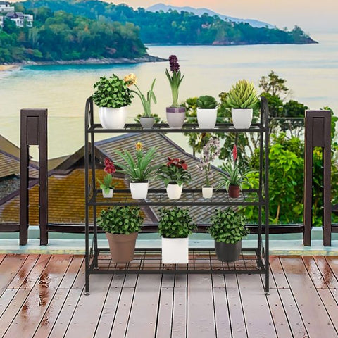 Garden 3 Tier Shelf Display Plant Stand with Metal Frame in Black