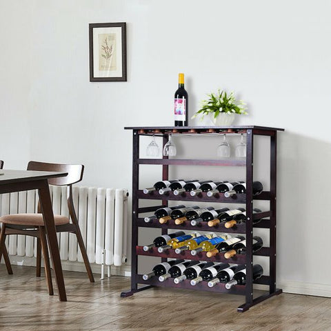 Classic and Spacious Pine 24 Bottle Wood Wine Storage Rack in Brown