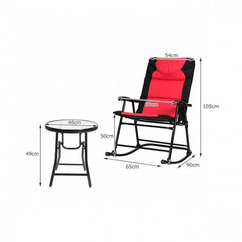 Outdoor Foldable Rocking Chairs and Table Set with Steel Frame in Red
