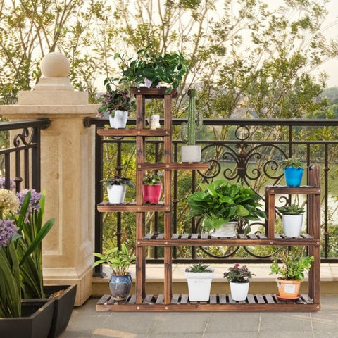 Outdoor 7 Tier Wooden Plant Storage Stand with Storage Shelves