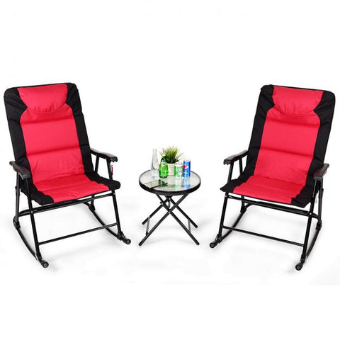Outdoor Foldable Rocking Chairs and Table Set with Steel Frame in Red