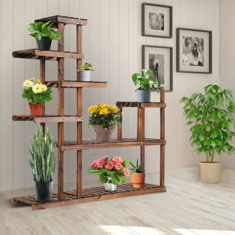 Outdoor 7 Tier Wooden Plant Storage Stand with Storage Shelves