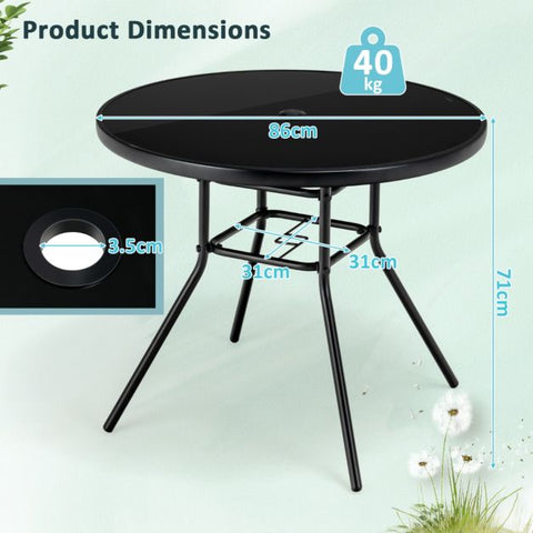 Patio 86cm Dining Table with Tempered Glass Table Top and Umbrella Hole