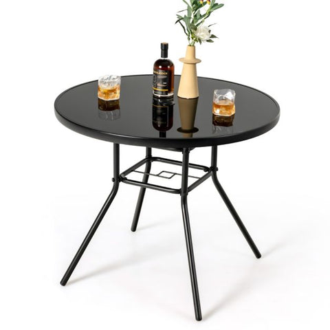 Patio 86cm Dining Table with Tempered Glass Table Top and Umbrella Hole
