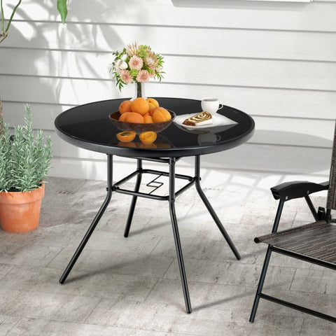 Patio 86cm Dining Table with Tempered Glass Table Top and Umbrella Hole