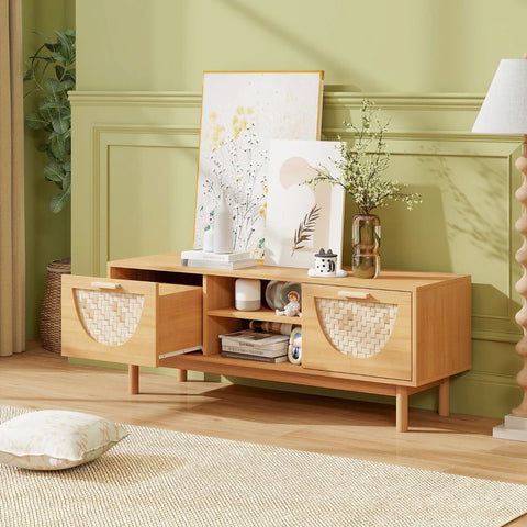 Elegant and Spacious Bamboo Media Cabinet with Drawers and Woven Front