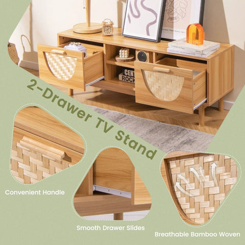 Elegant and Spacious Bamboo Media Cabinet with Drawers and Woven Front