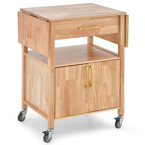 Natural Wood Island Cart with Drop Leaf Countertop and Movable Wheels