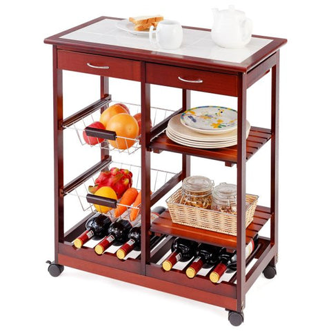 Sturdy and Simple Mobile Storage Cart with Tile Countertop and Multiple Storage Shelves
